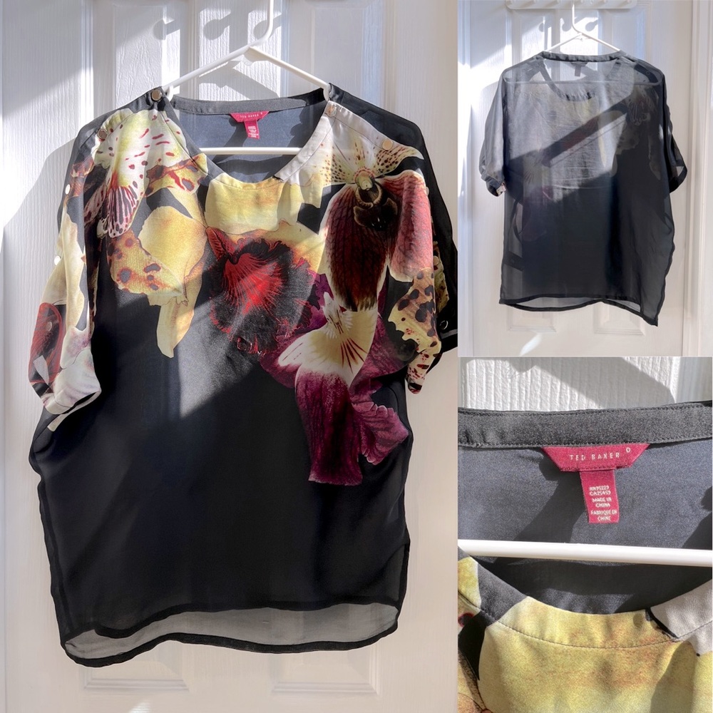 Vintage Ted Baker orchid sheer blouse w gold snap shoulder buttons